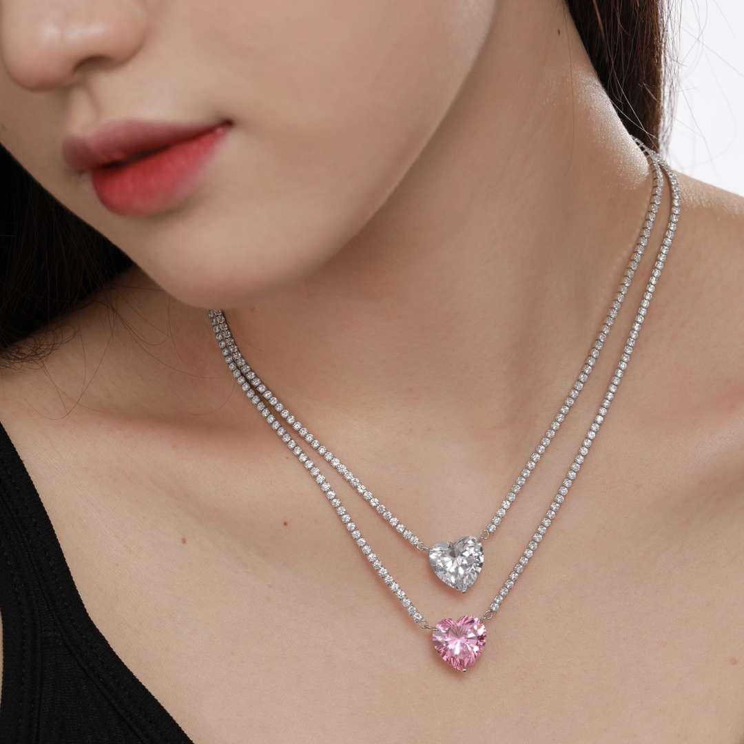 [Sparkling Aurora]8.0 Carat Versatile Colorful Sweet Heart-Shaped Tennis Necklace