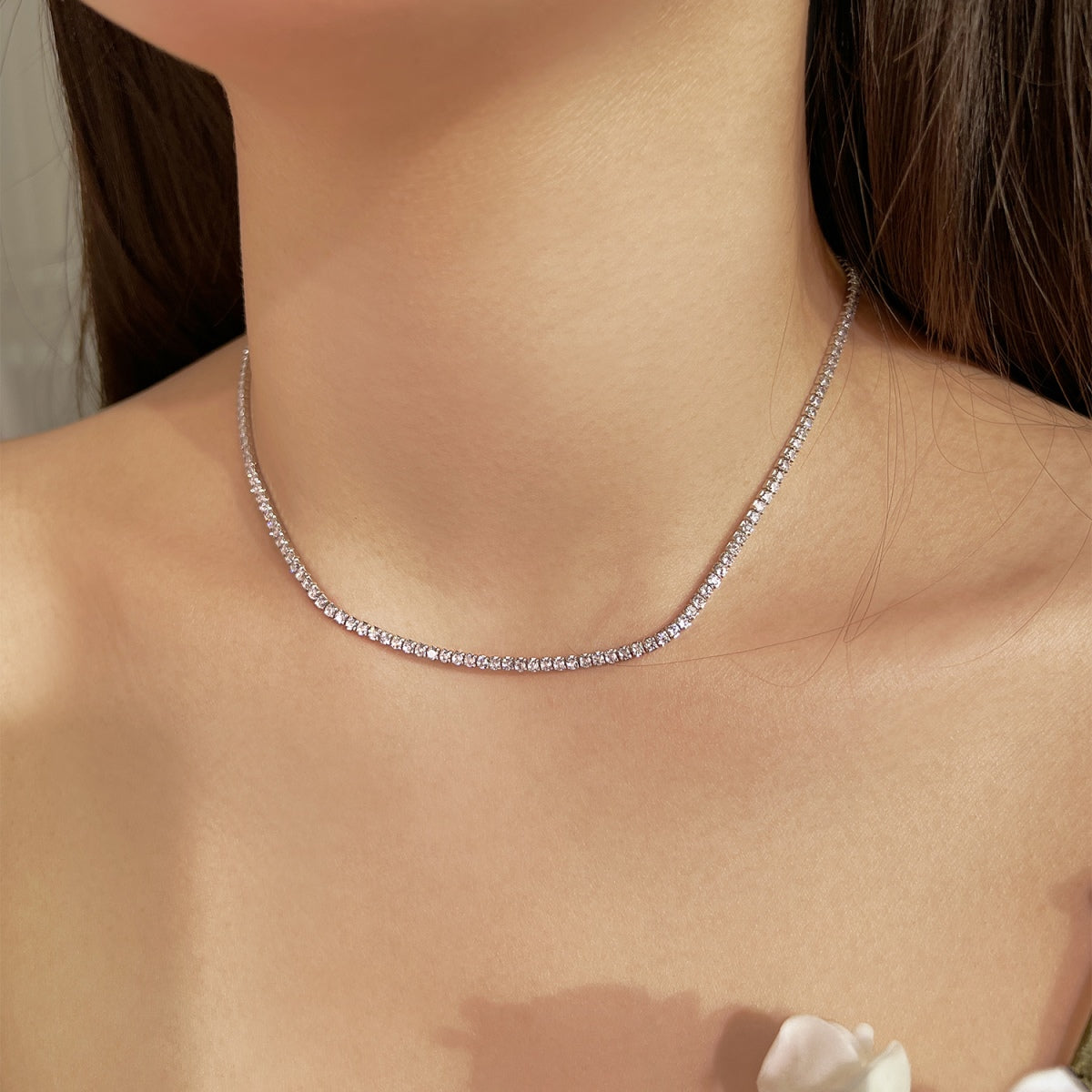 [Sparkling Aurora]Delicate Round Shape Tennis Necklace