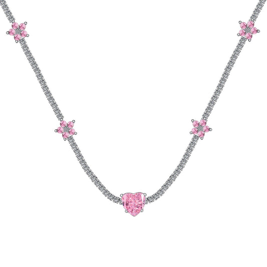 [Sparkling Aurora]Dazzling Pink Heart Flower Necklace